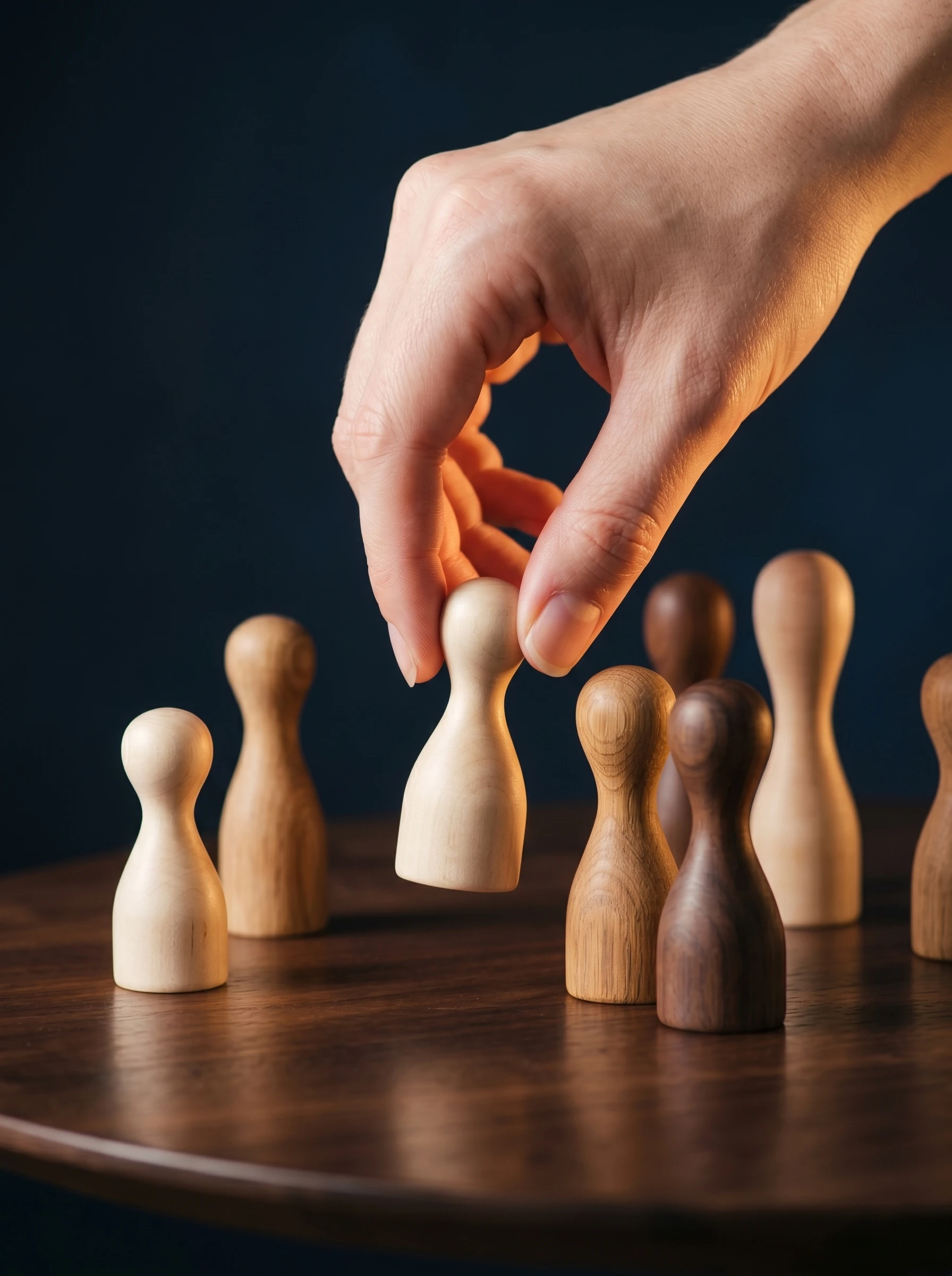 An analyst hand arranging wooden figures on a table